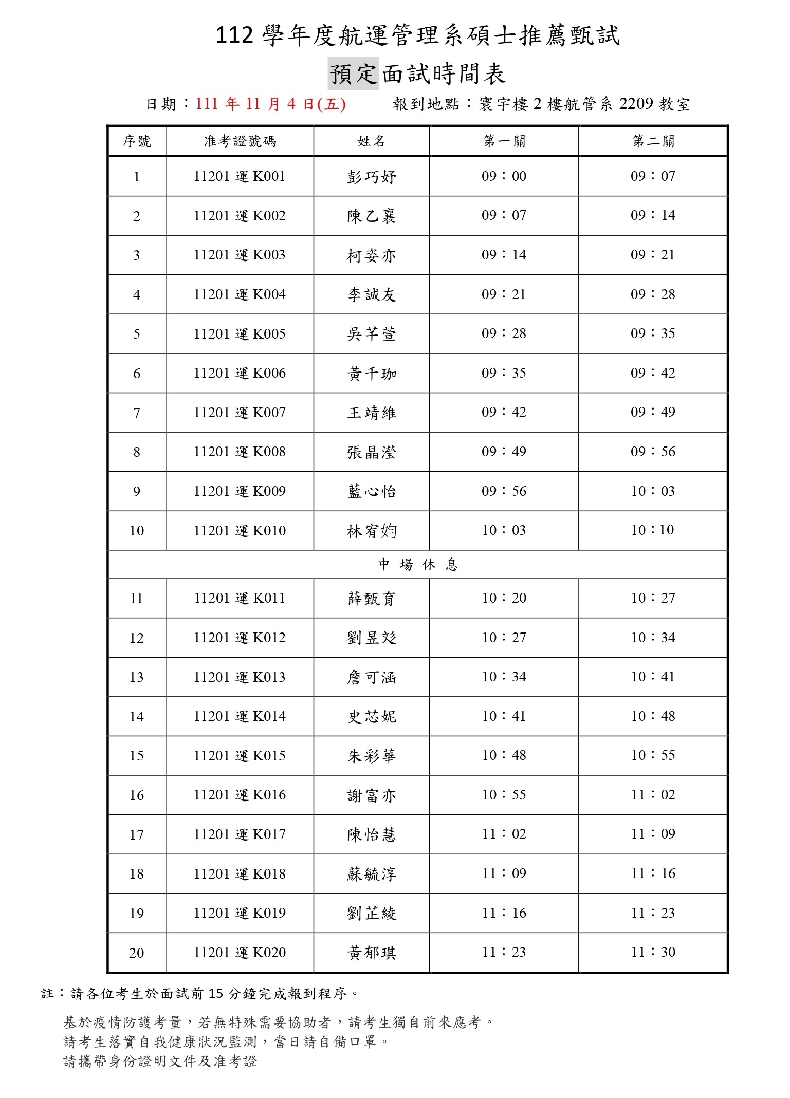 20221104碩士推甄面試時程表